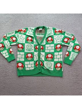 Nintendo Super Mario Bros Mushroom Checkered Green Knit Cardigan Sweater L